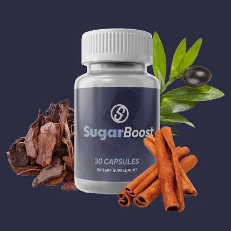 SugarBoost supplement bottle surrounded by cinnamon and botanical ingredients